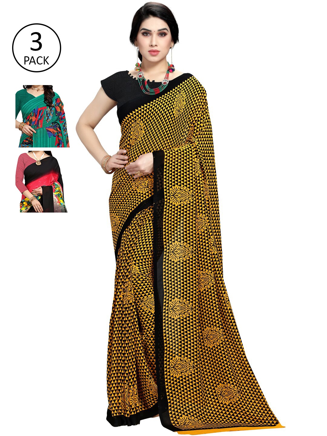 

KALINI Pack Of 3 Multicoloured Printed Sarees, Yellow