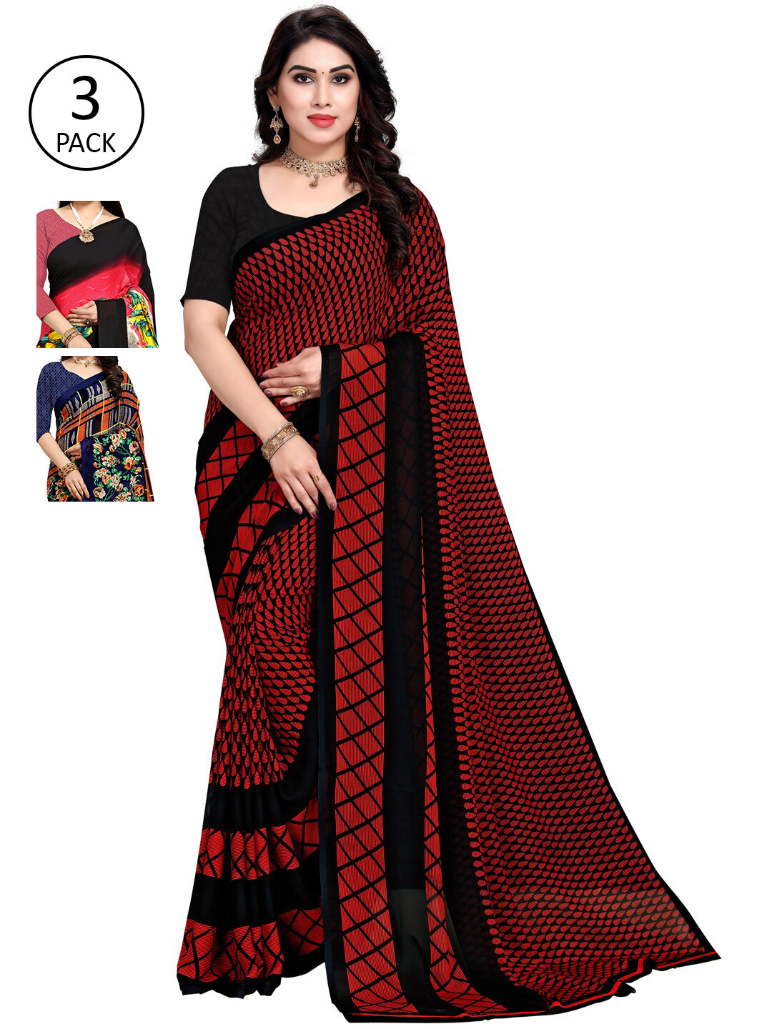 

KALINI Pack Of 3 Multicoloured Printed Sarees, Black