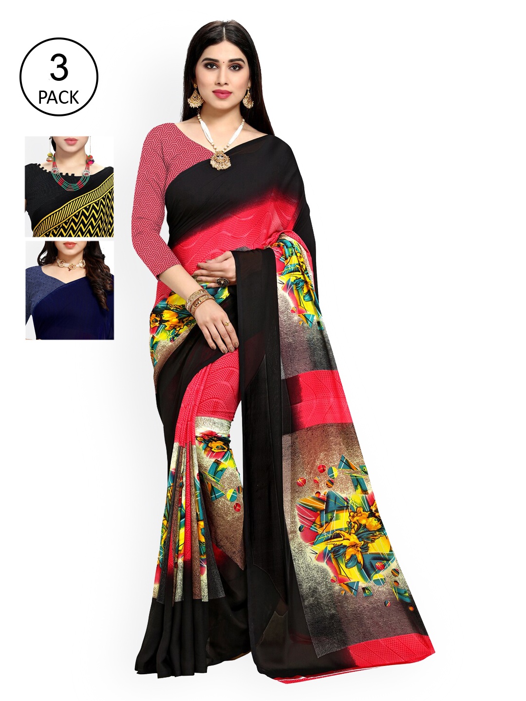 

KALINI Pack Of 3 Printed Saree, Black