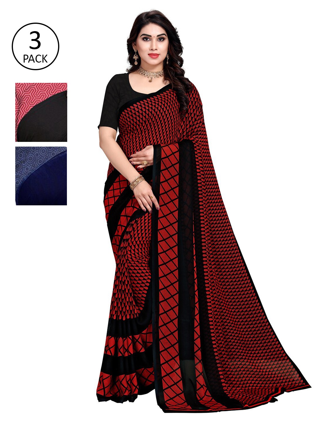 

KALINI Pack Of 3 Printed Sarees, Red
