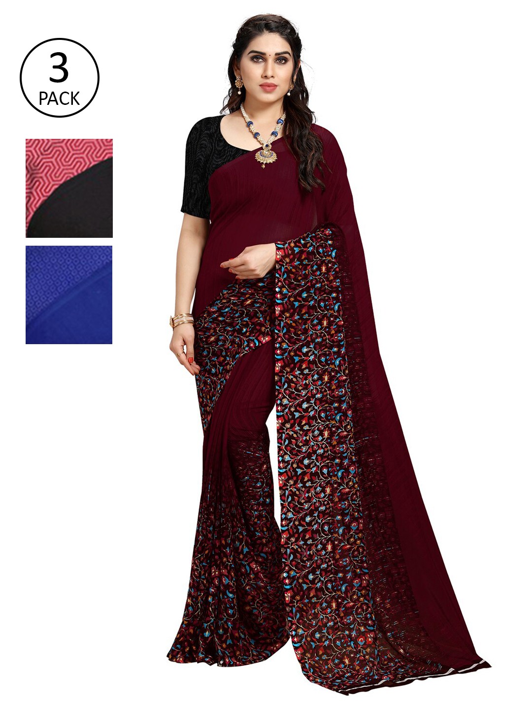 

ANAND SAREES Women Pack Of 3 Printed Saree, Black