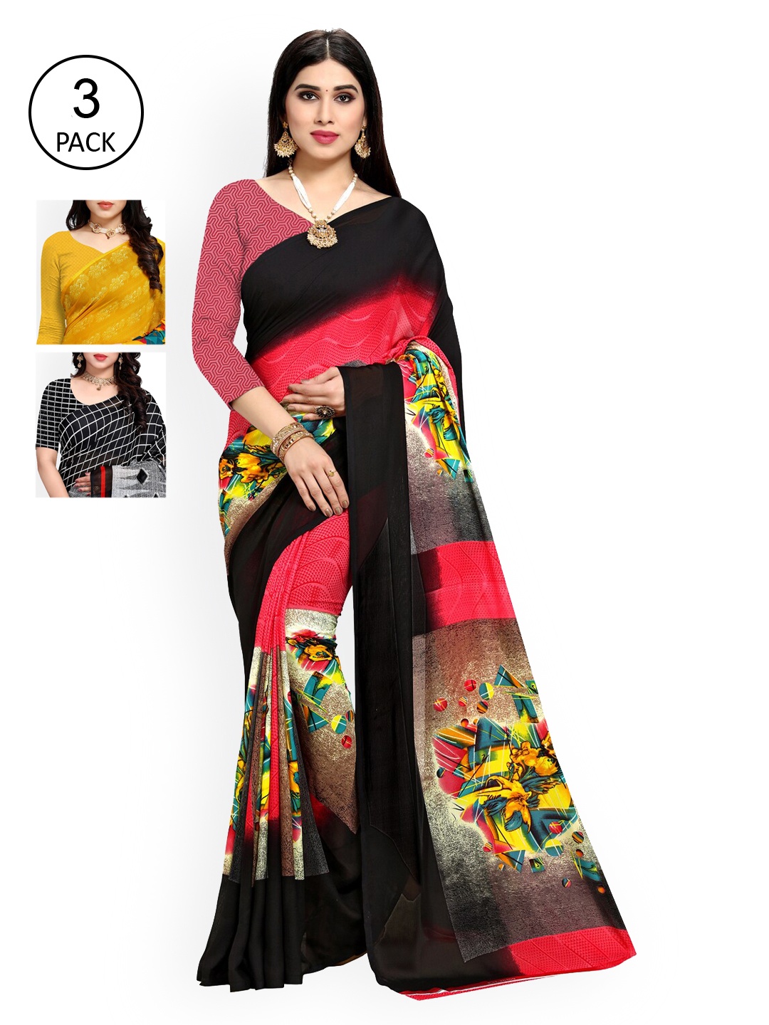 

KALINI Pack Of 3 Printed Saree, Black