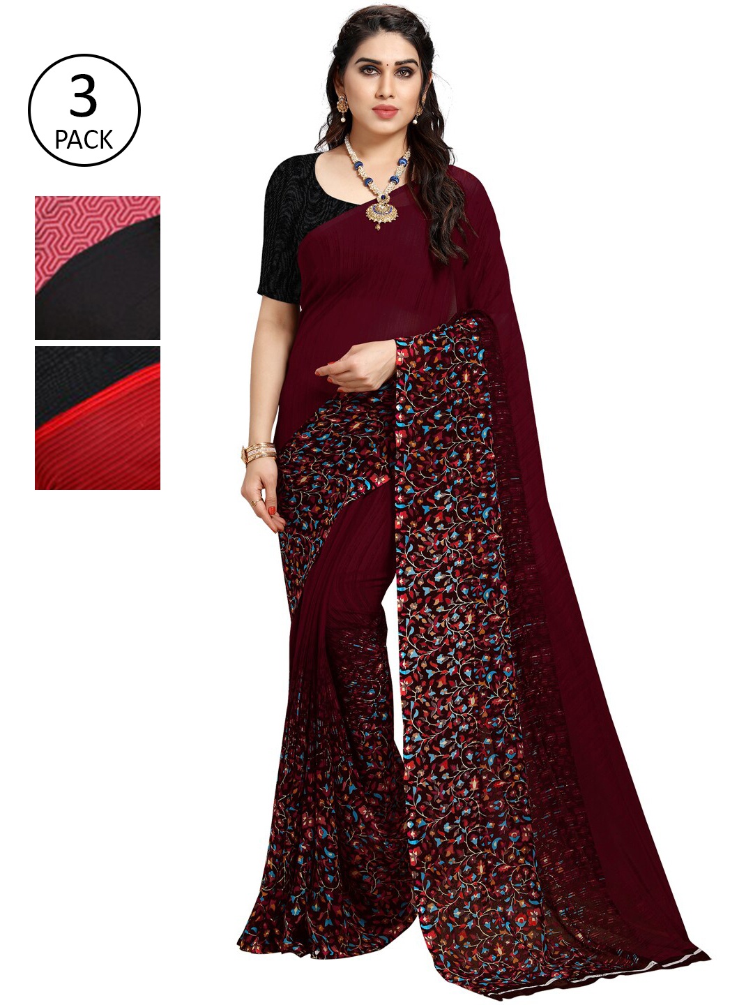 

KALINI Pack Of 3 Printed Sarees, Black