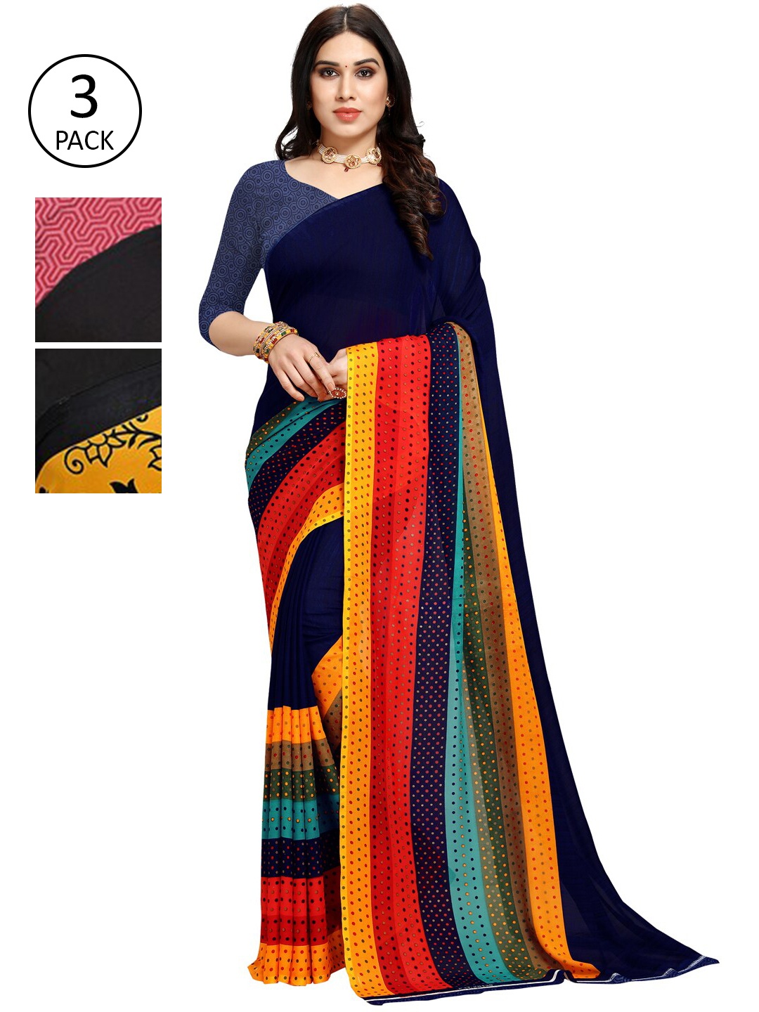 

KALINI Pack Of 3 Printed Sarees, Black