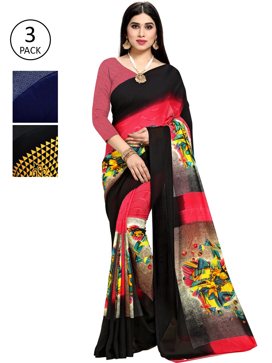 

KALINI Pack Of 3 Multicoloured Printed Sarees, Black