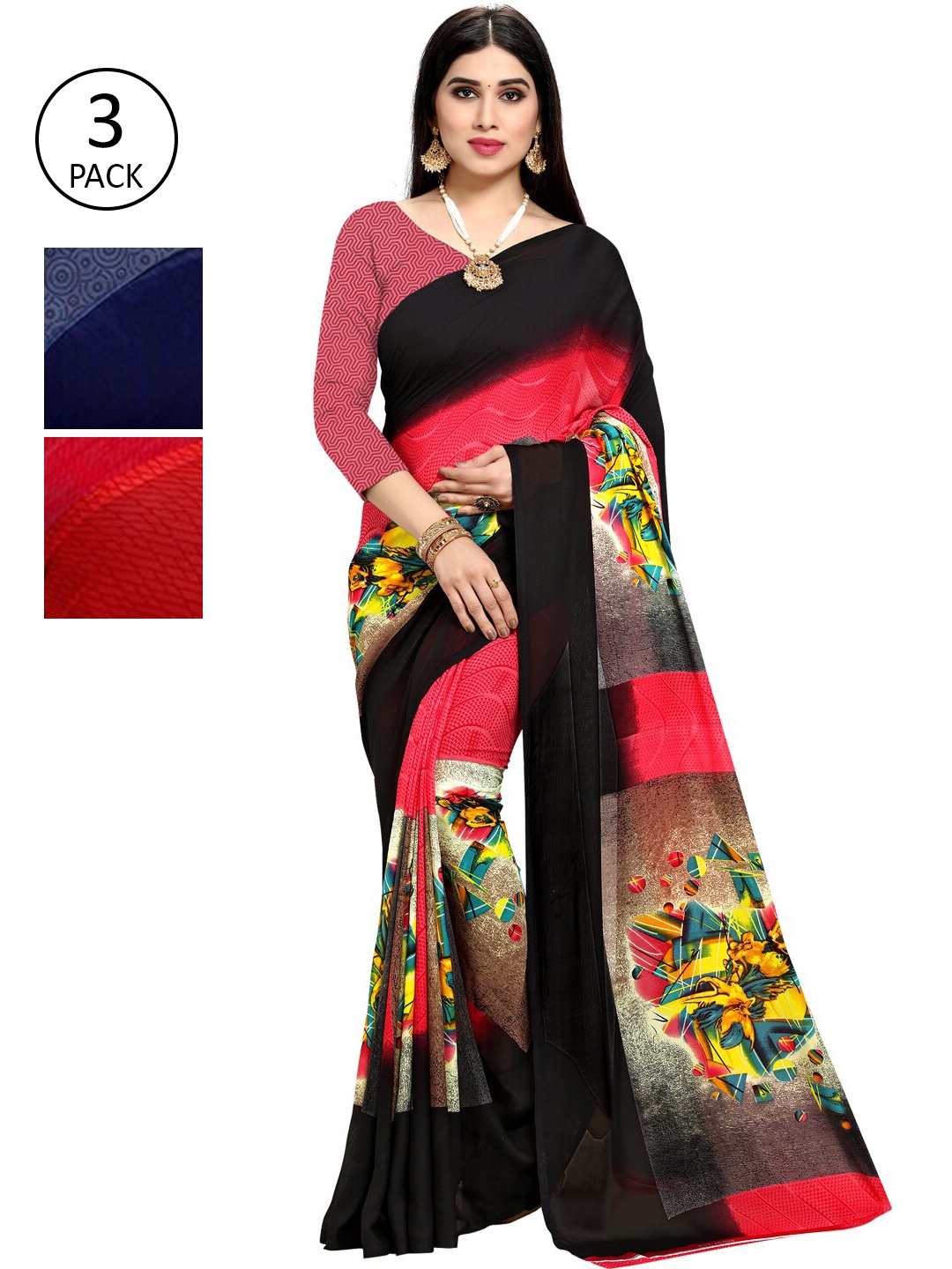 

KALINI Women Pack Of 3 Printed Saree, Black