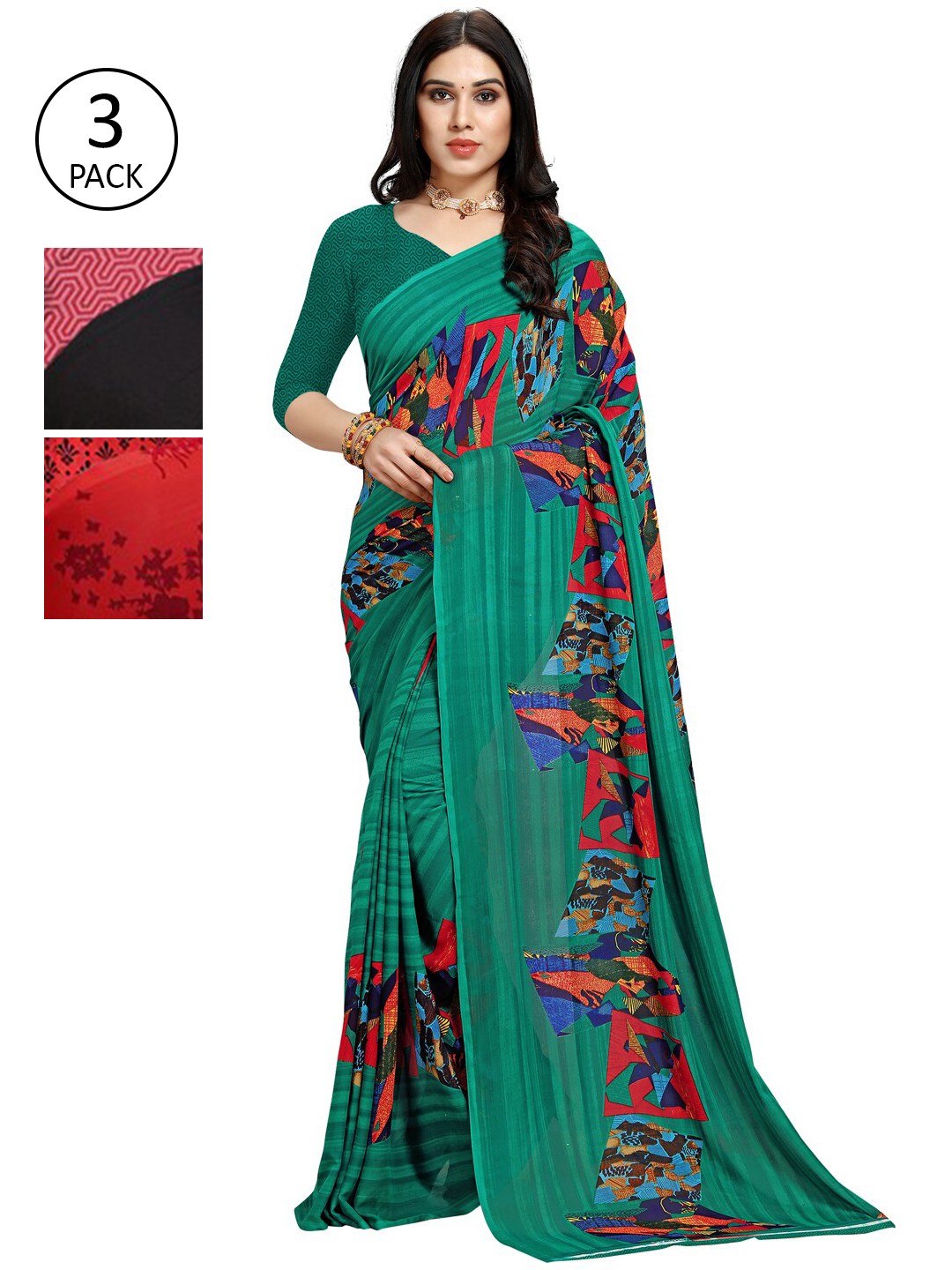 

KALINI Pack Of 3 Poly Georgette Printed Sarees, Multi