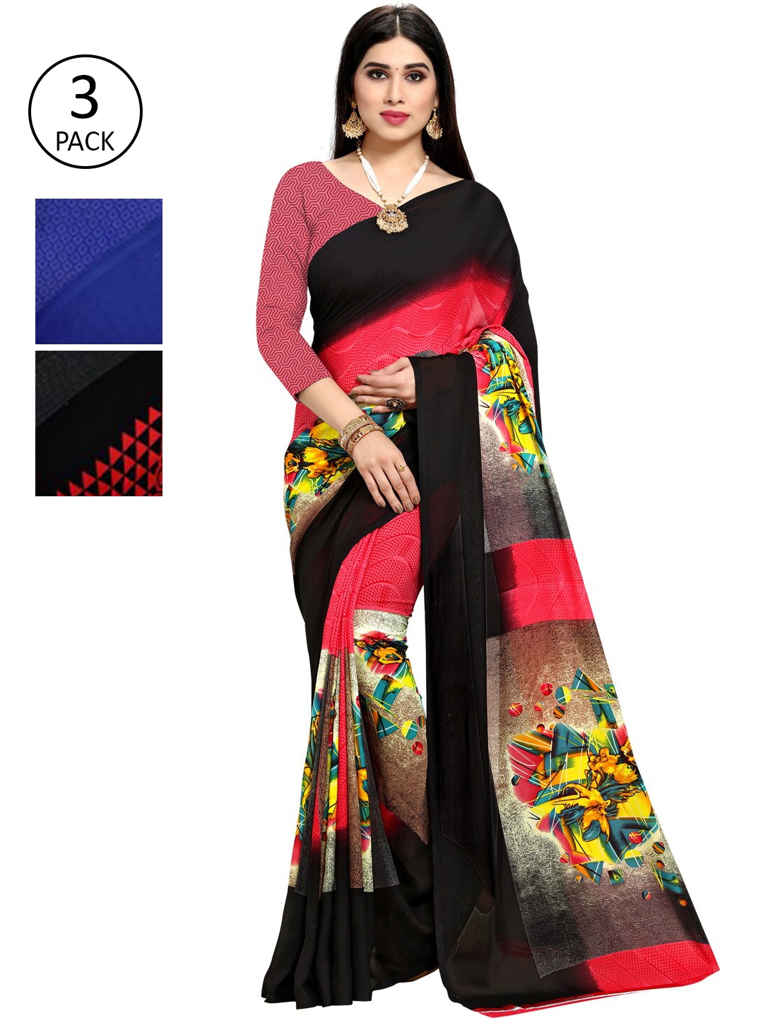 

KALINI Pack Of 3 Printed Sarees, Black