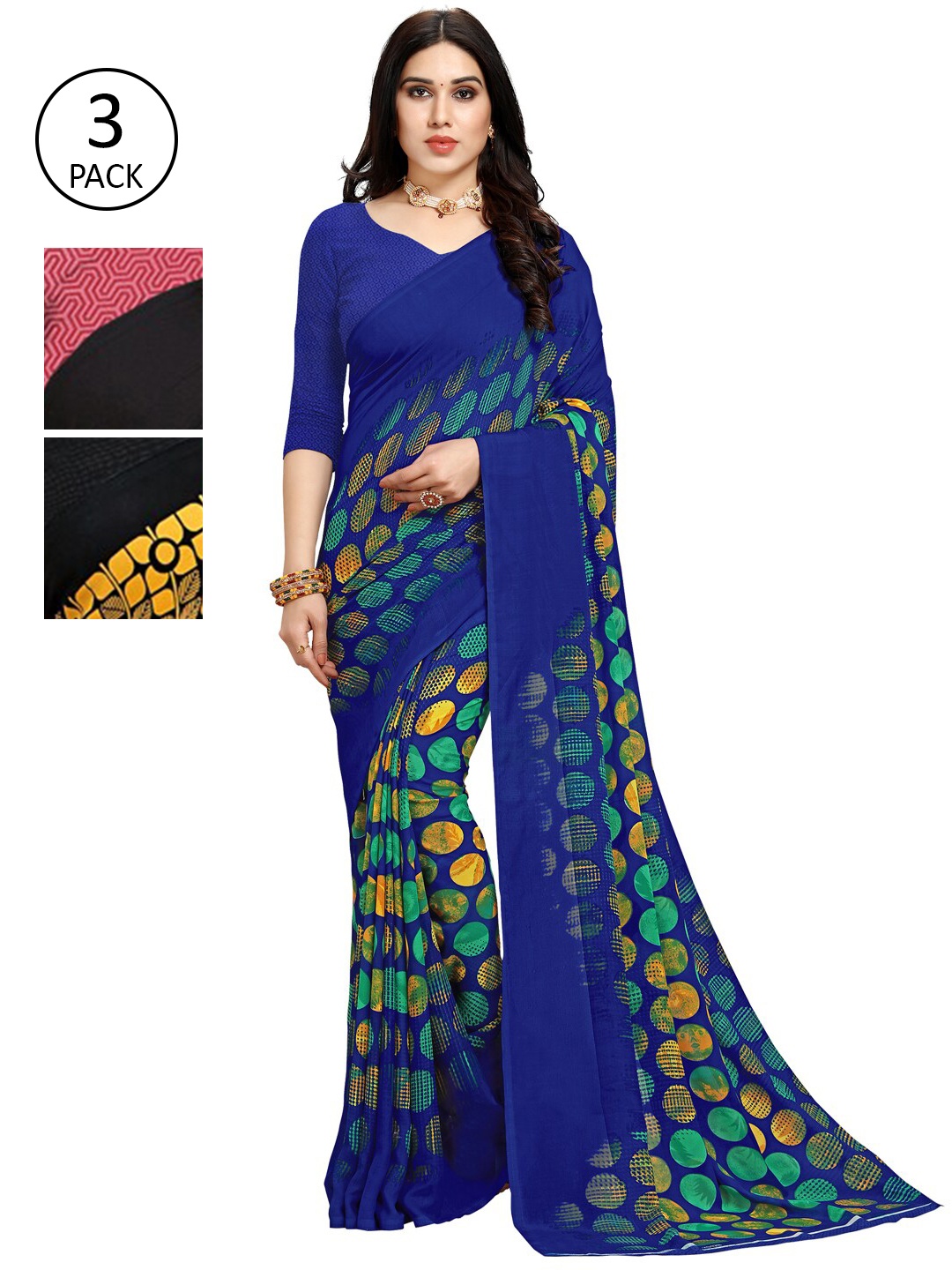 

KALINI Pack of 3 Printed Sarees, Blue