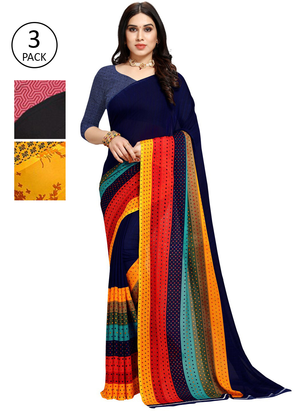 

KALINI Pack Of 3 Multicoloured Printed Sarees, Black