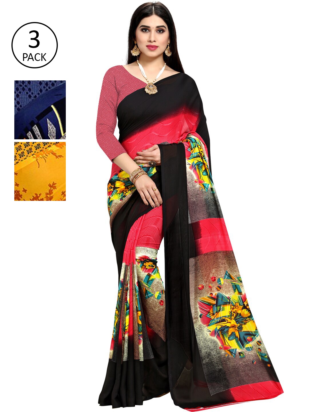 

KALINI Women Pack Of 3 Printed Saree, Black