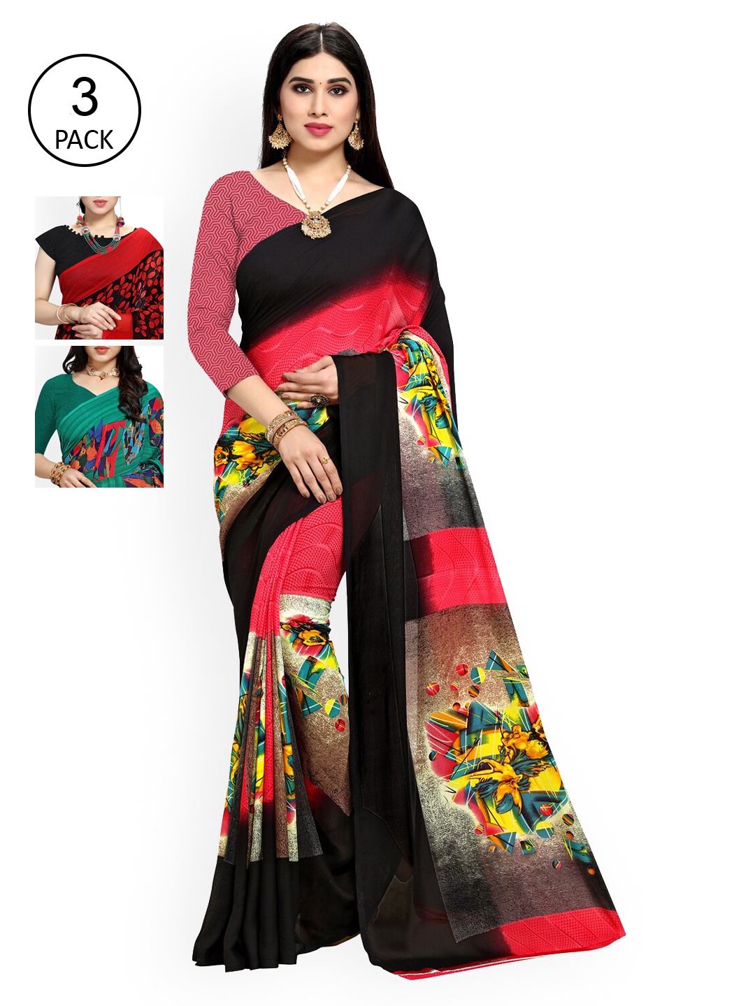 

KALINI Pack Of 3 Printed Saree, Black