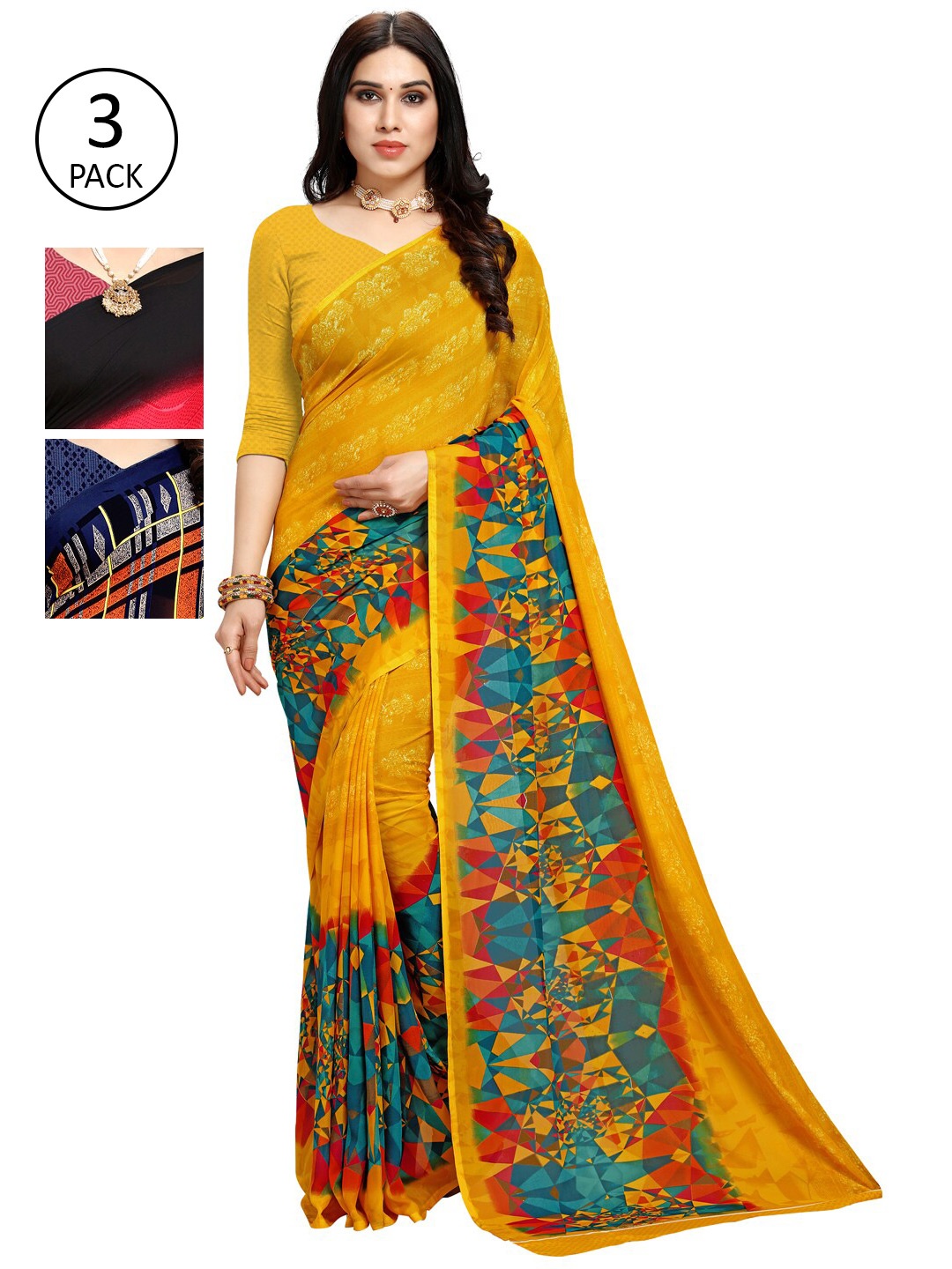 

KALINI Pack Of 3 Printed Saree, Yellow