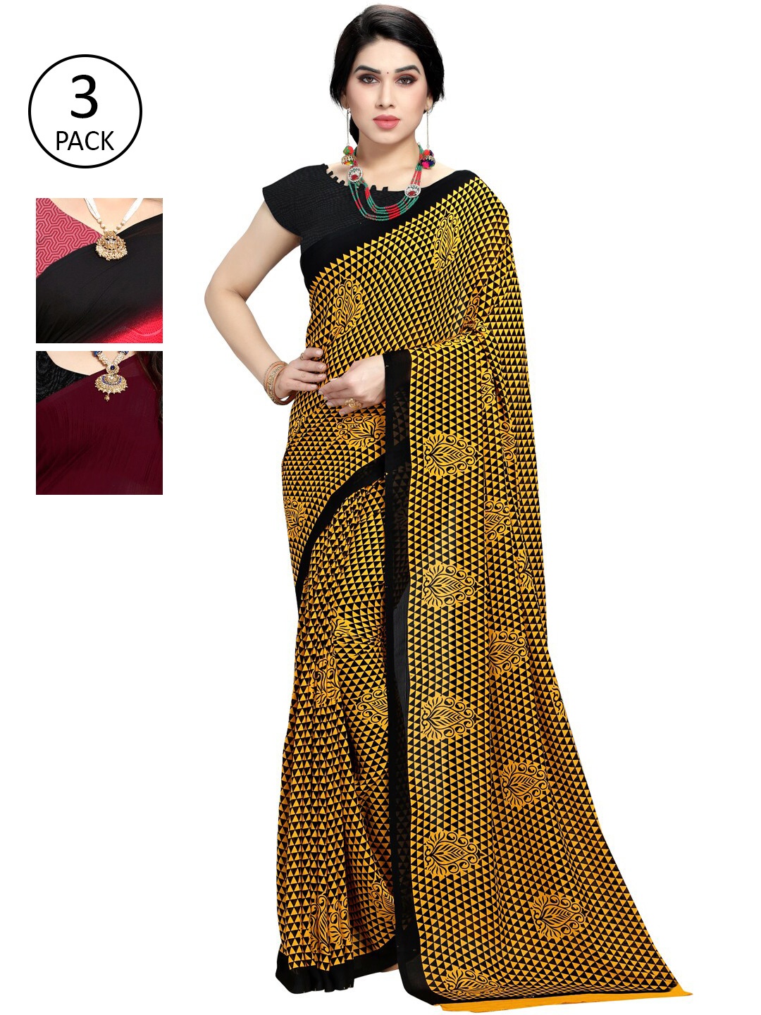 

ANAND SAREES Pack Of 3 Printed Sarees, Black