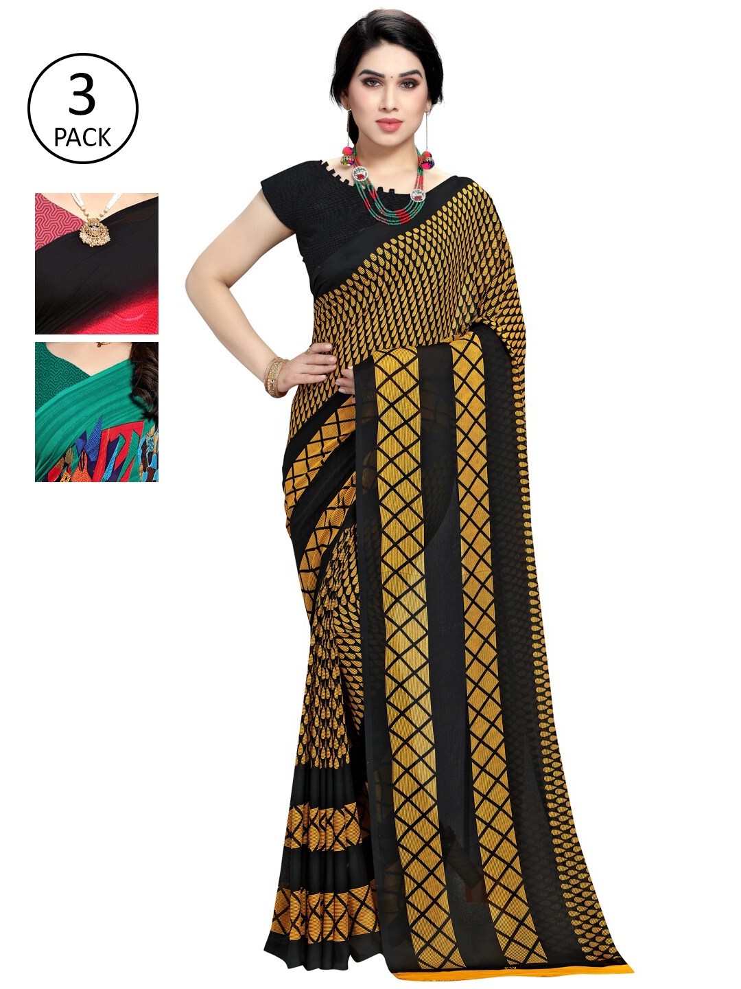

KALINI Women Pack Of 3 Poly Georgette Printed Sarees, Black