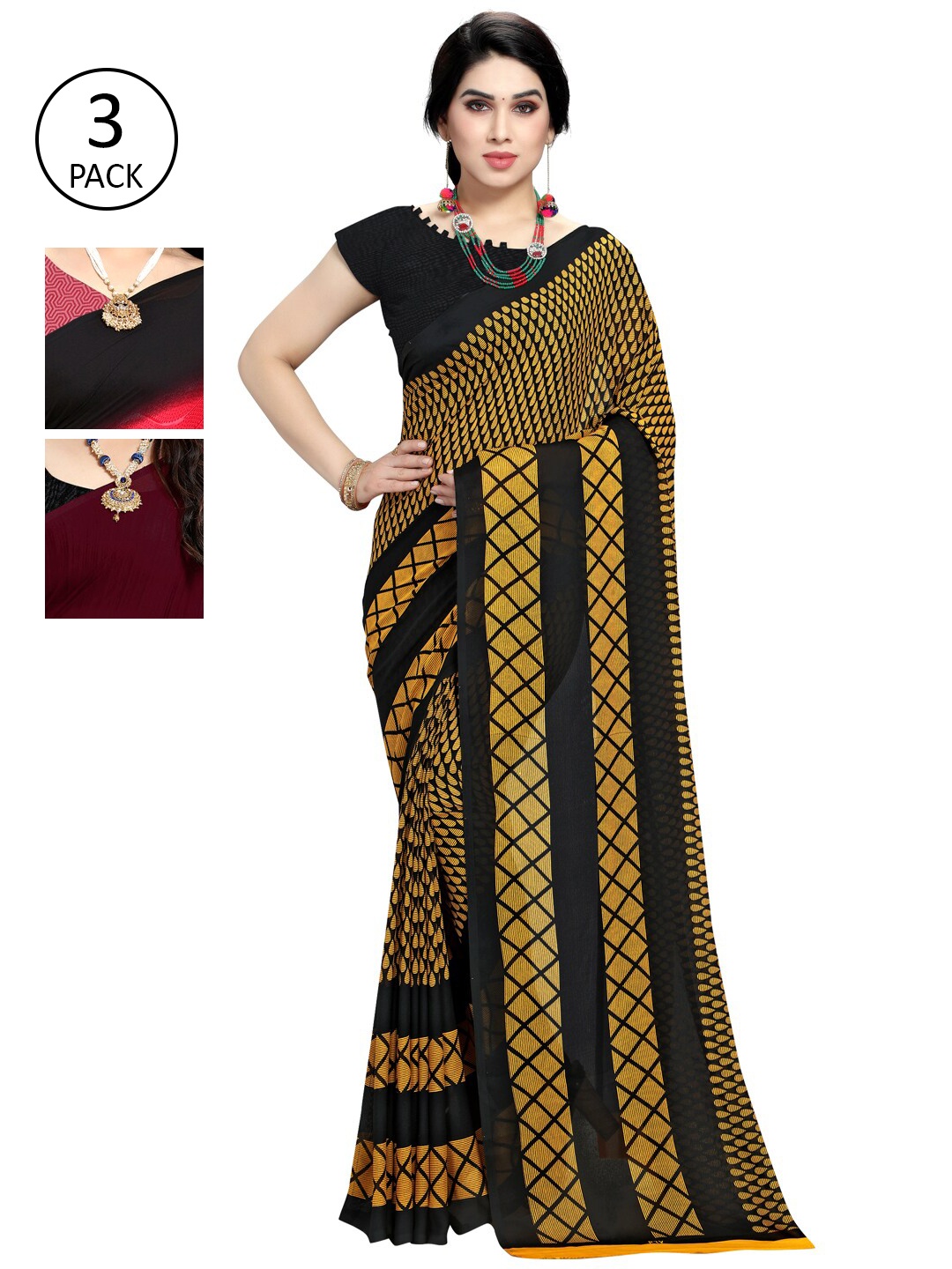 

KALINI Pack Of 3 Printed Sarees, Black