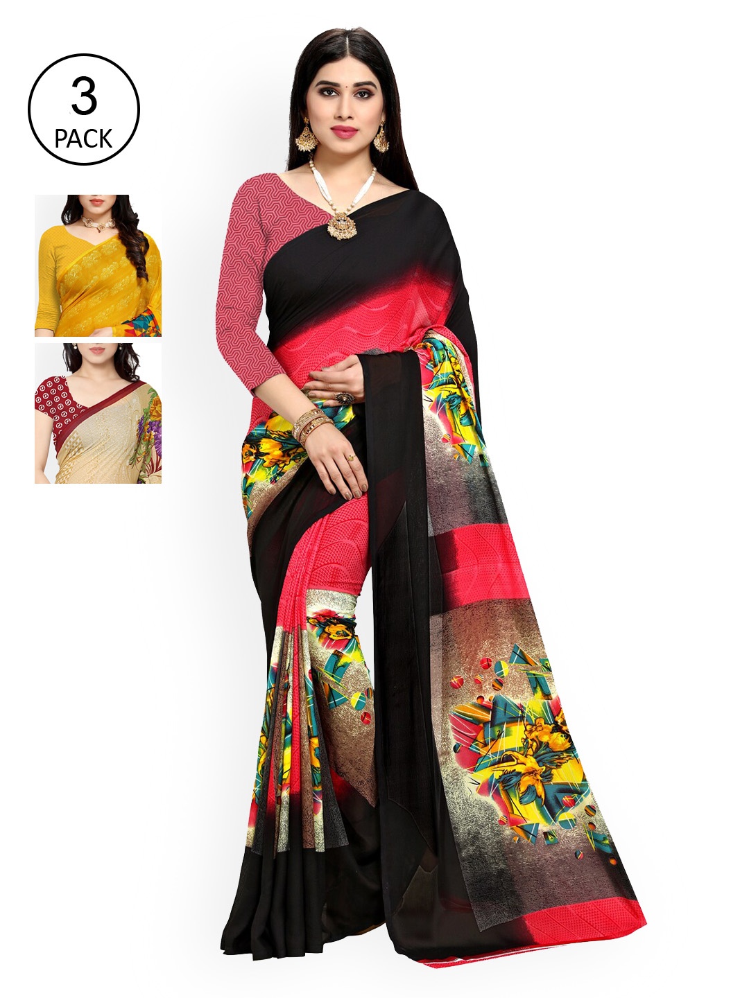 

KALINI Pack Of 3 Printed Saree, Black