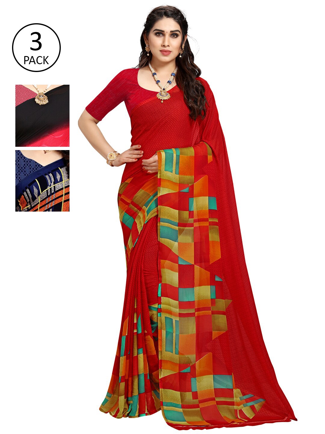 

KALINI Pack Of 3 Printed Saree, Blue