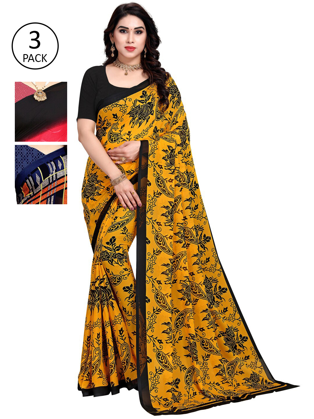 

KALINI Pack of 3 Printed Sarees, Yellow