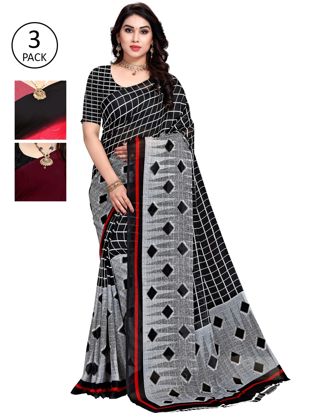 

ANAND SAREES Pack Of 3 Printed Sarees, Black