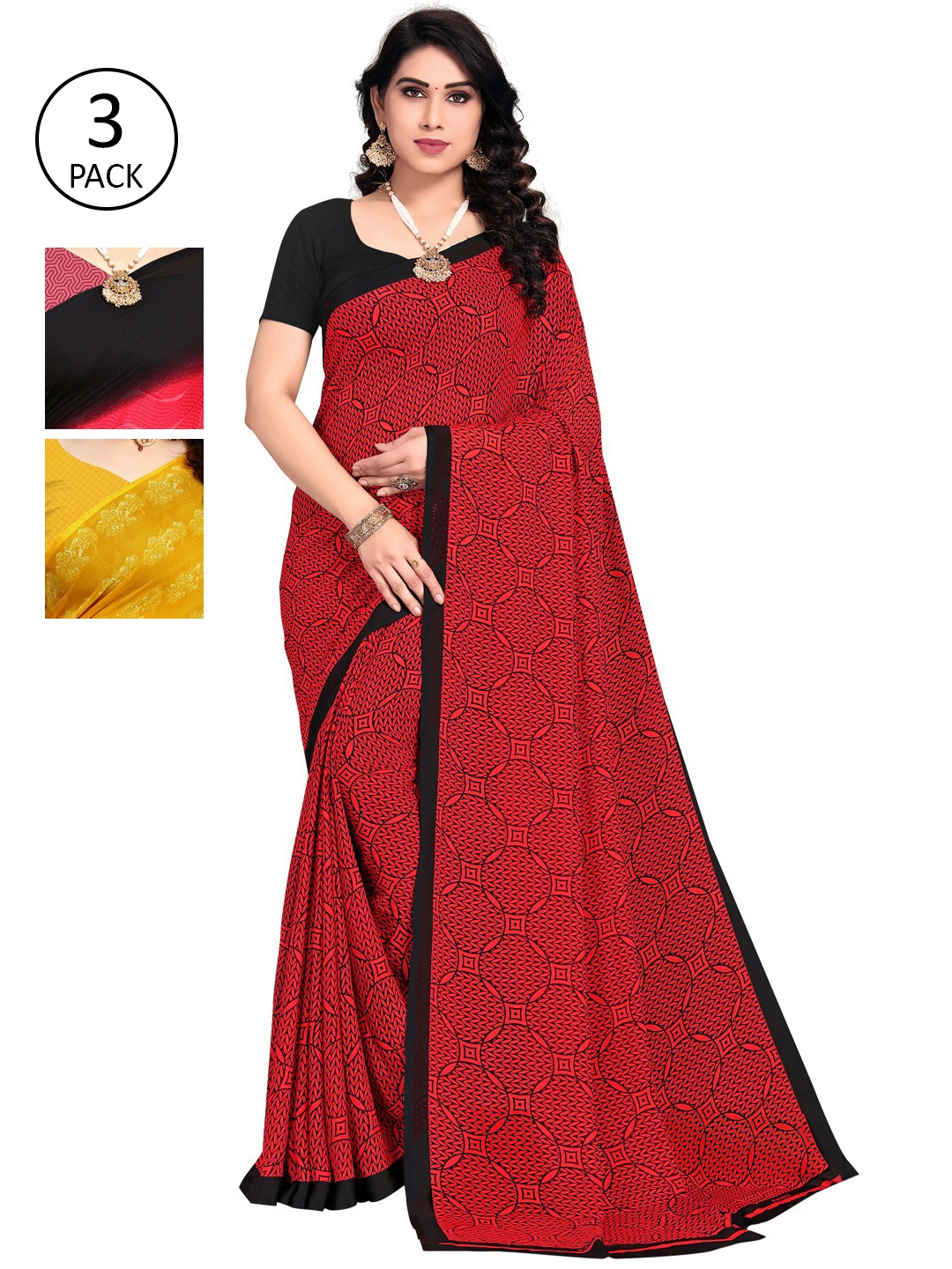 

KALINI Pack Of 3 Printed Sarees, Black