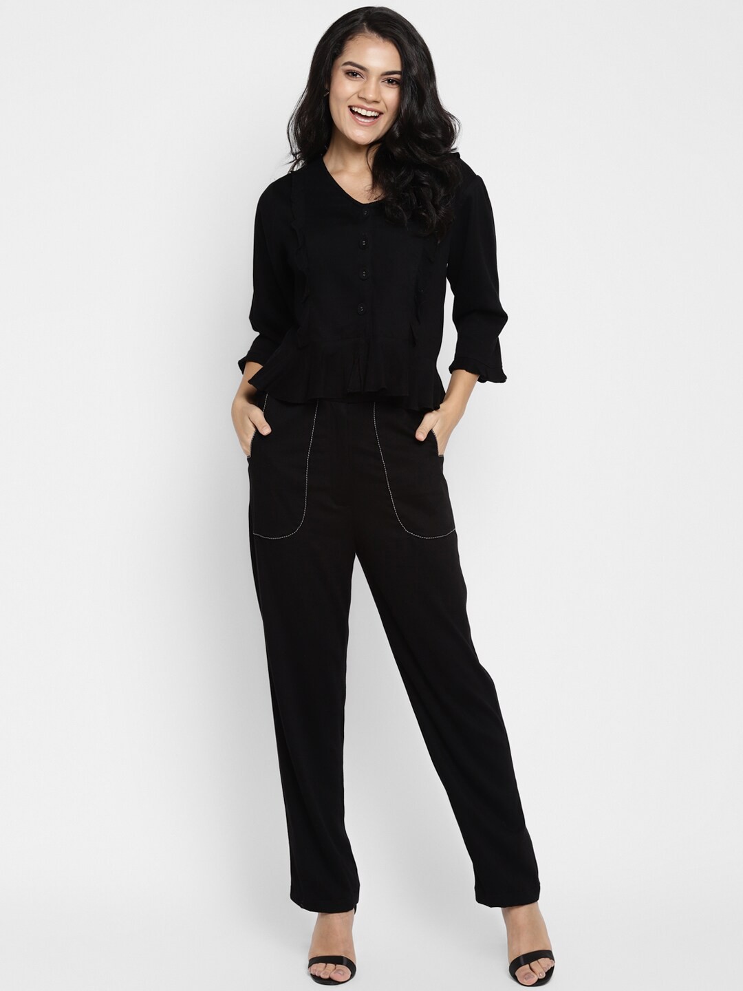 

DEEBACO Black Two-Piece Clothing Set With Frill Detailing