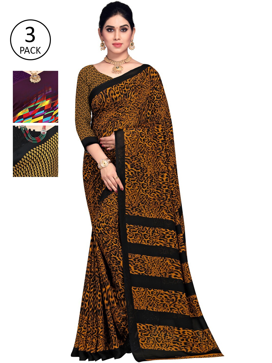 

KALINI Pack Of 3 Printed Saree, Brown