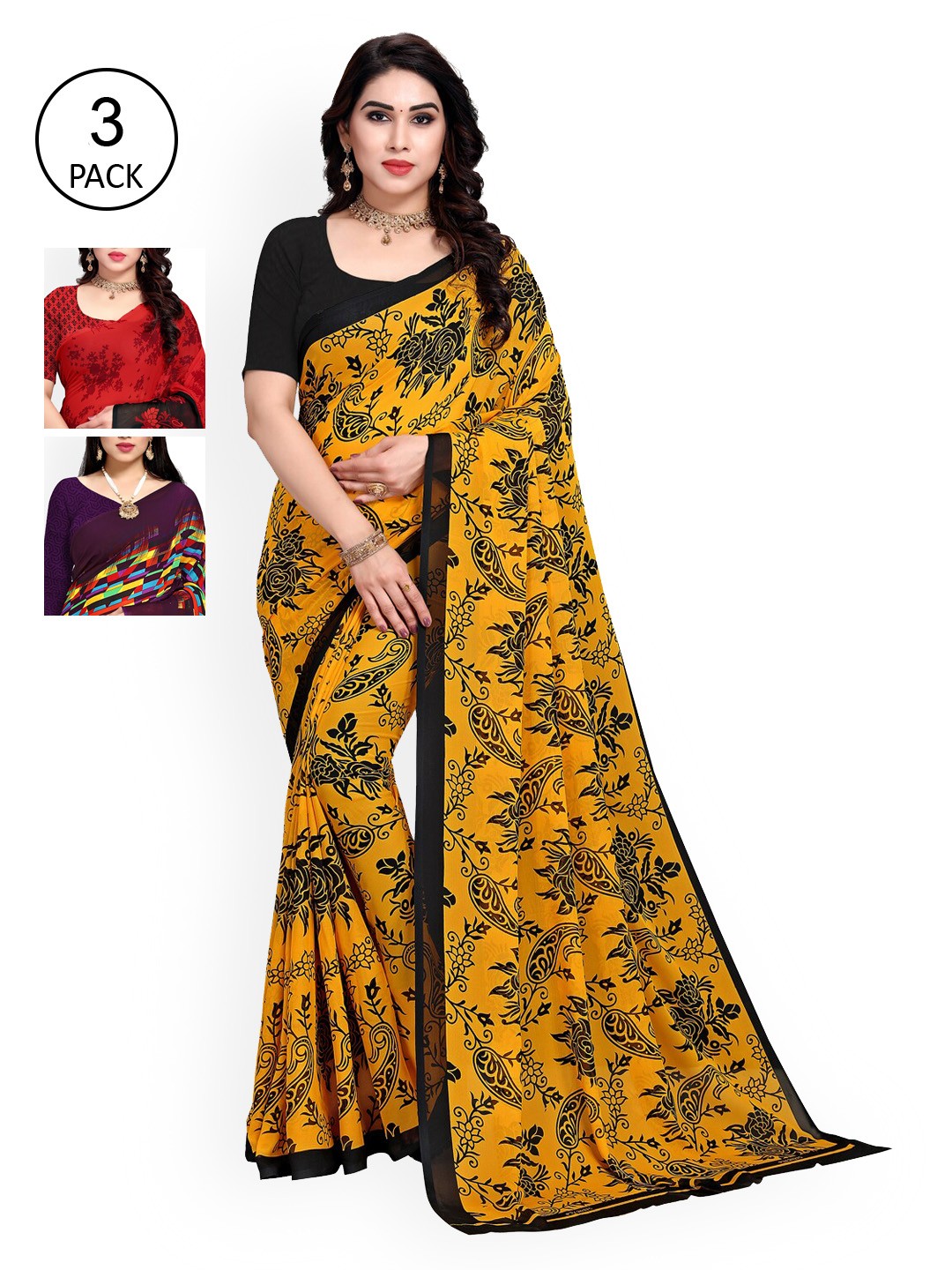 

KALINI Pack Of 3 Printed Saree, Purple