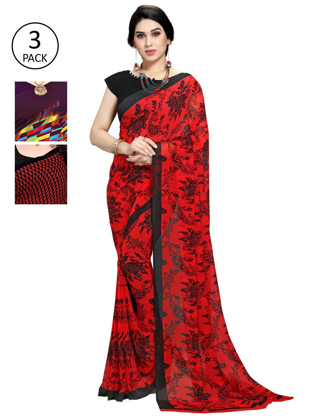 

KALINI Pack Of 3 Multicoloured Printed Sarees, Red