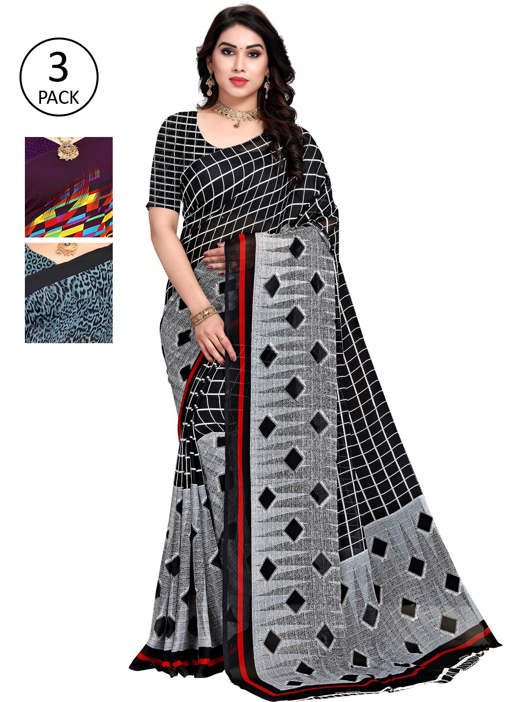 

KALINI Pack Of 3 Printed Sarees, Purple