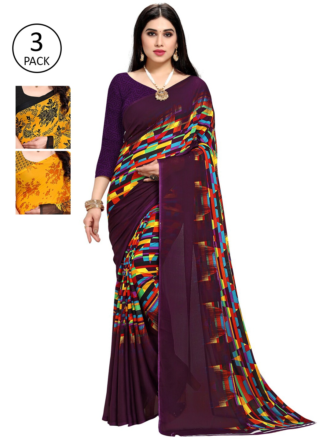 

KALINI Pack Of 3 Printed Saree, Yellow