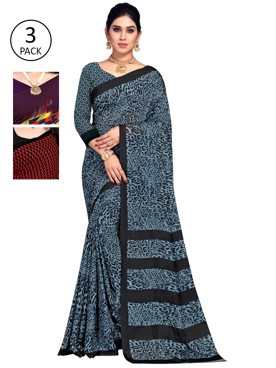 

KALINIPack Of 3 Printed Sarees, Purple