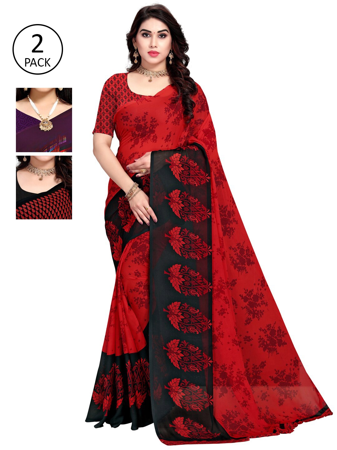 

KALINI Pack Of 3 Multicoloured Printed Sarees, Purple