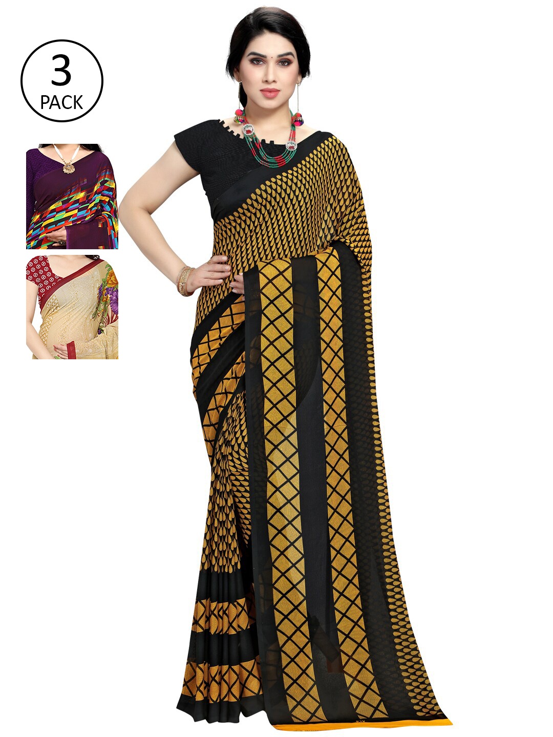 

KALINI Pack Of 3 Printed Sarees, Purple