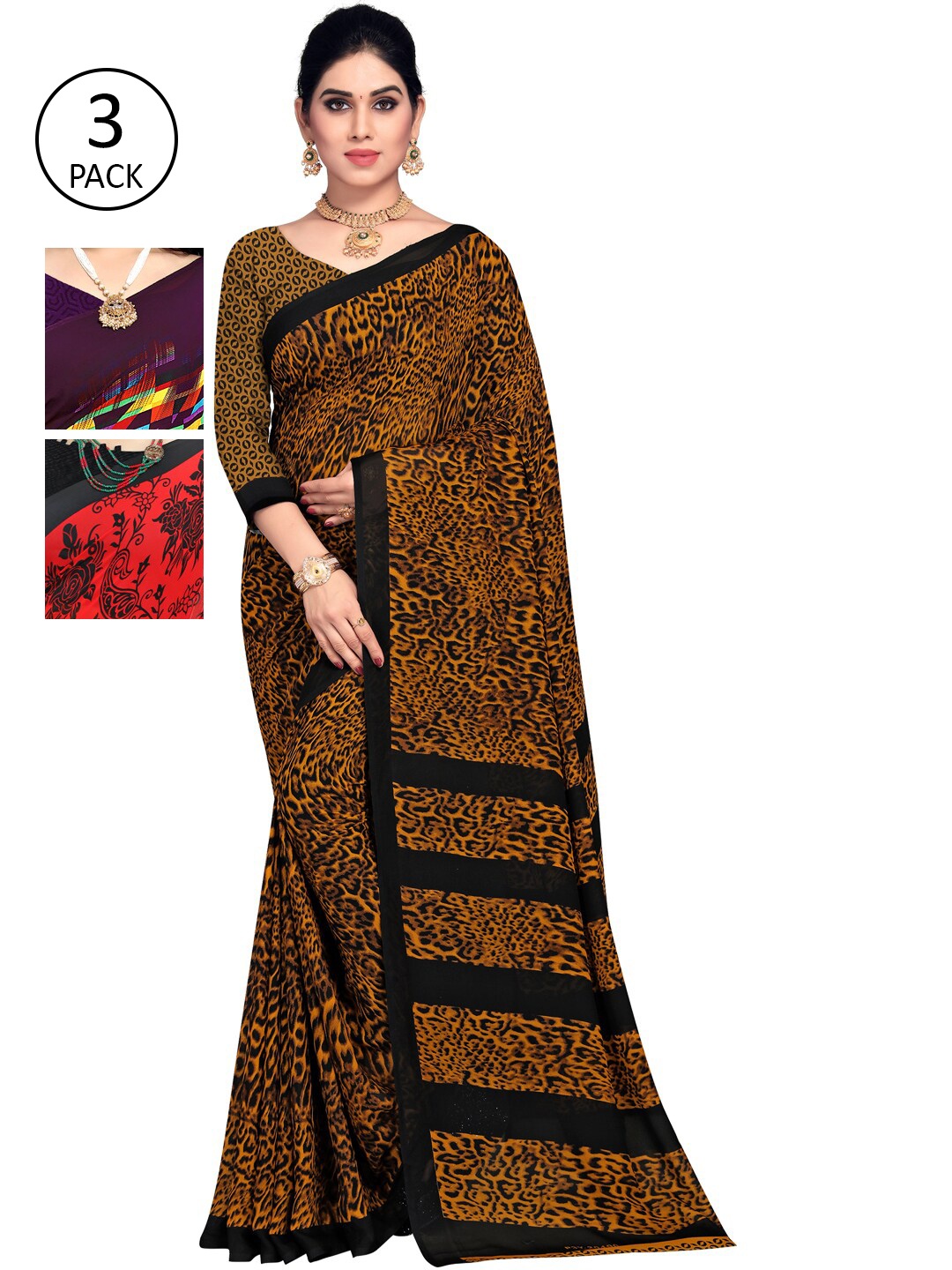 

KALINI Pack Of 3 Multicoloured Printed Sarees, Purple