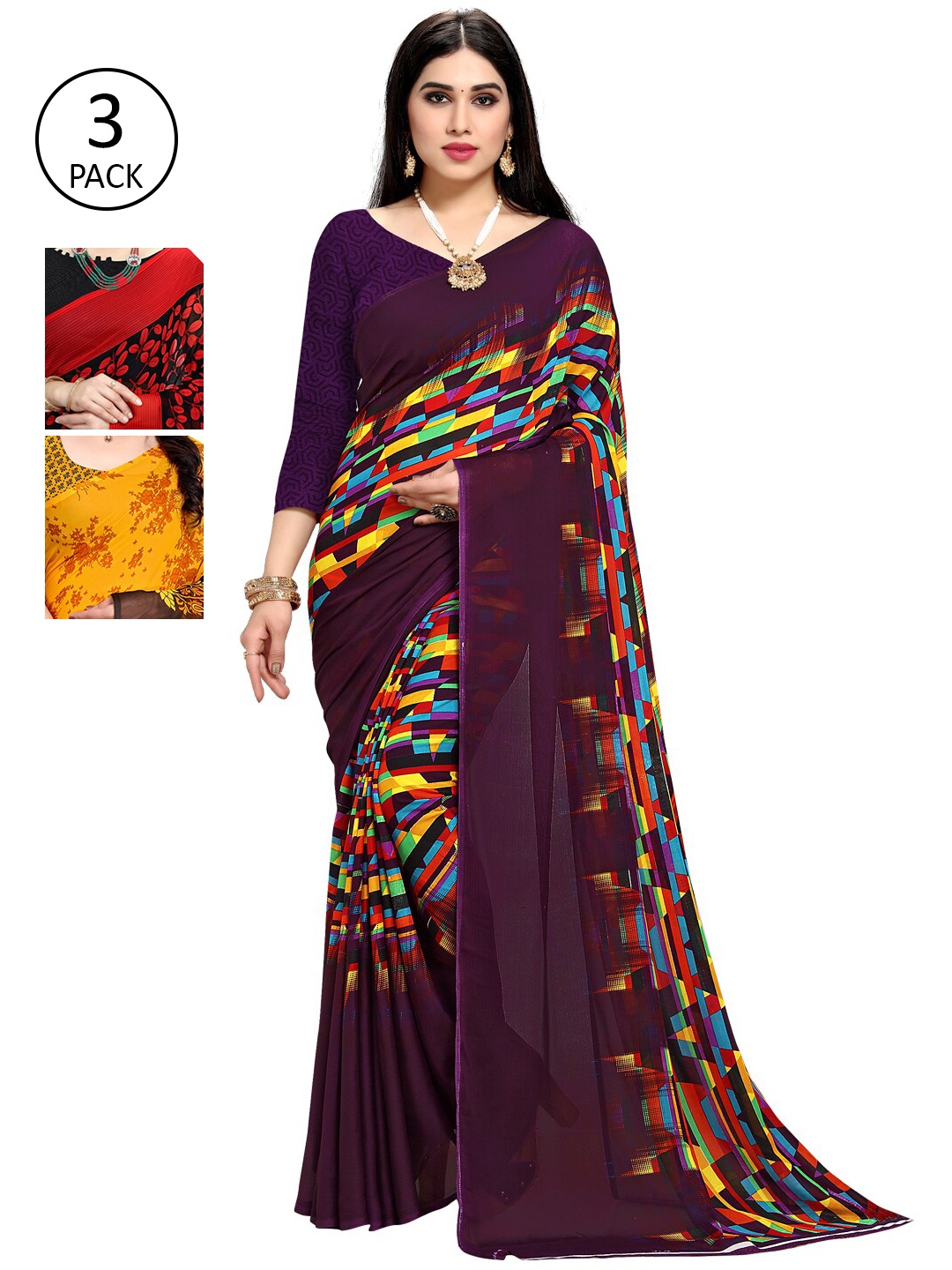 

KALINI Pack Of 3 Printed Saree, Yellow