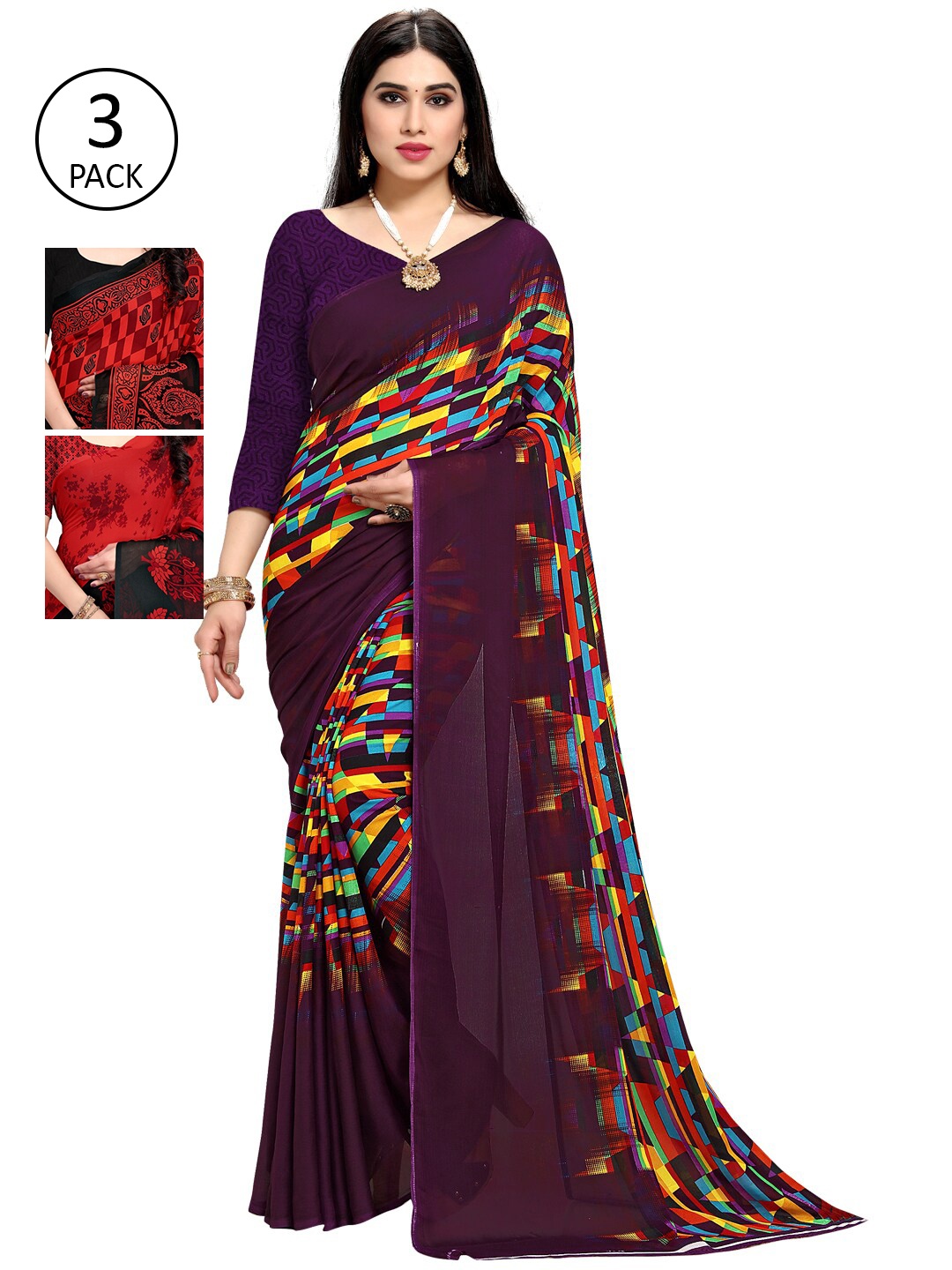 

KALINI Pack of 3 Printed Sarees, Purple