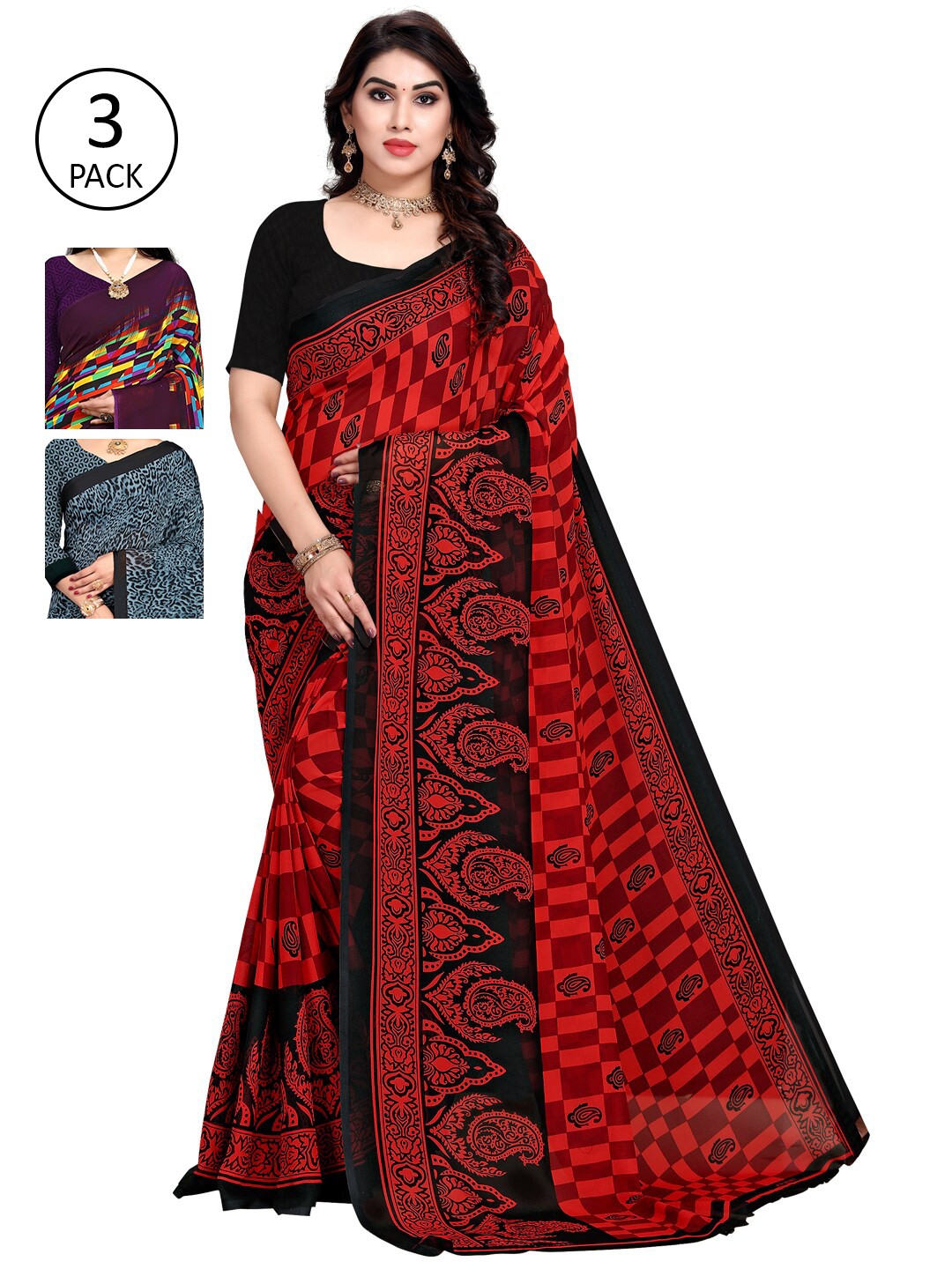 

KALINI Pack Of 3 Printed Saree, Purple