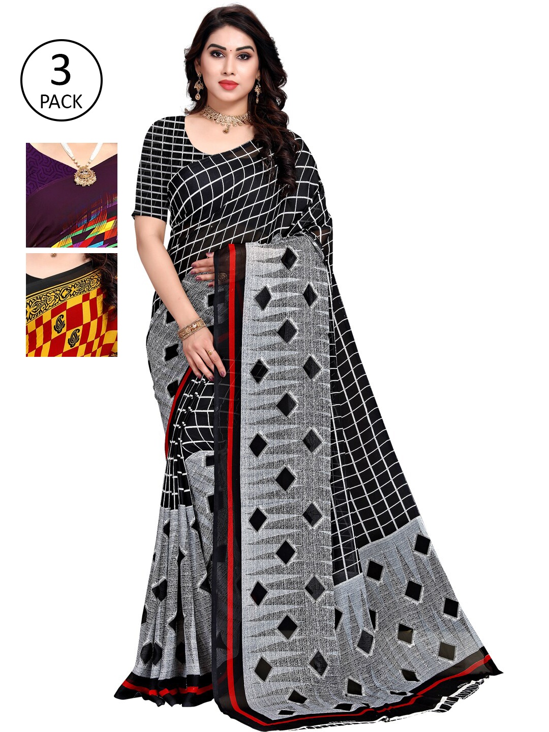 

KALINI Pack of 3 Multicoloured Printed Sarees, Purple