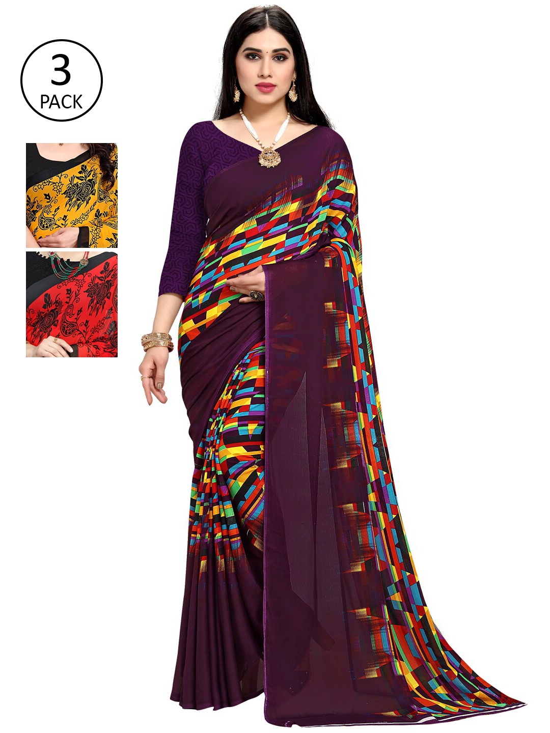 

KALINI Pack Of 3 Printed Sarees, Yellow