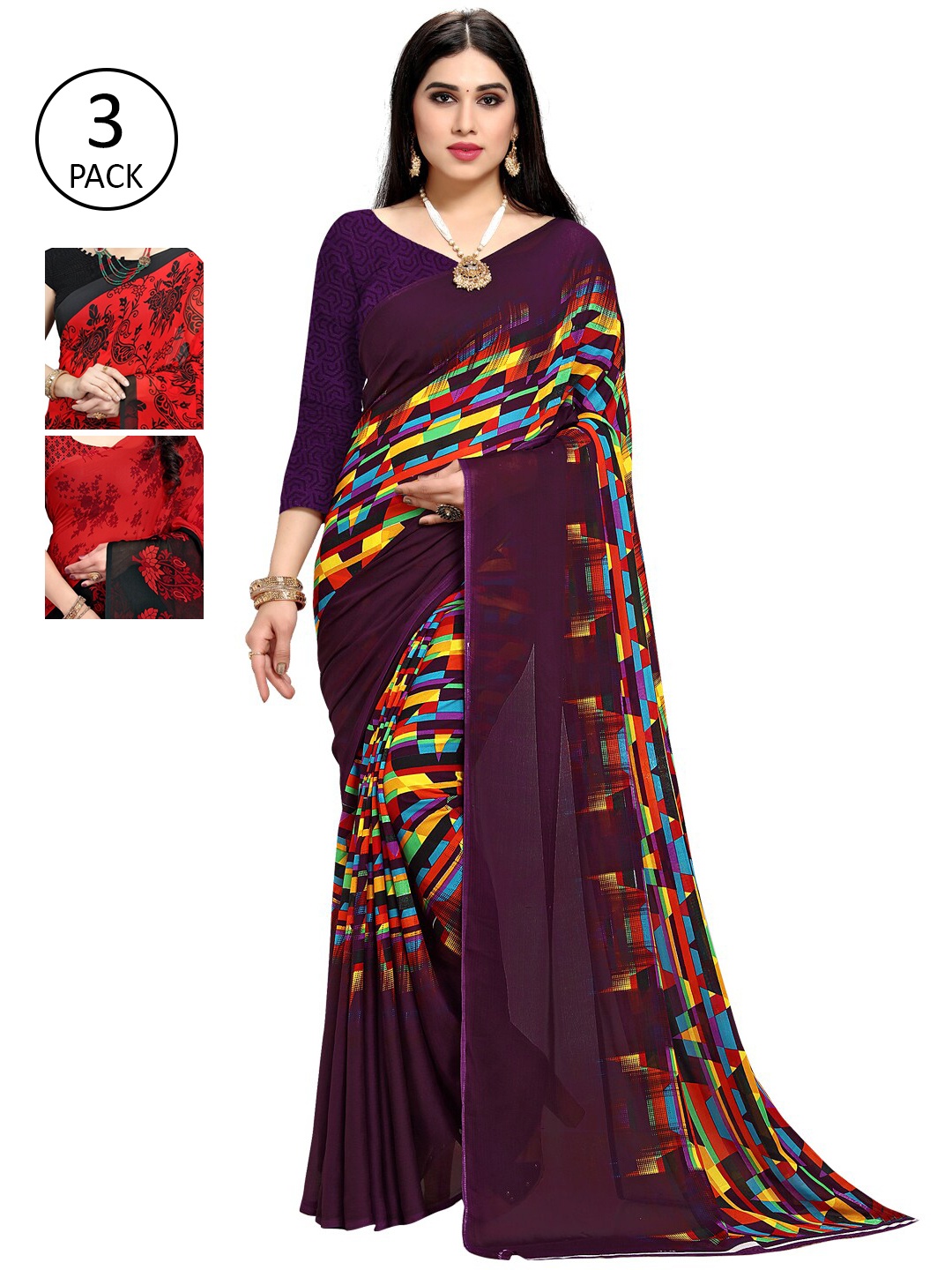 

KALINI Women Pack Of 3 Printed Saree, Purple