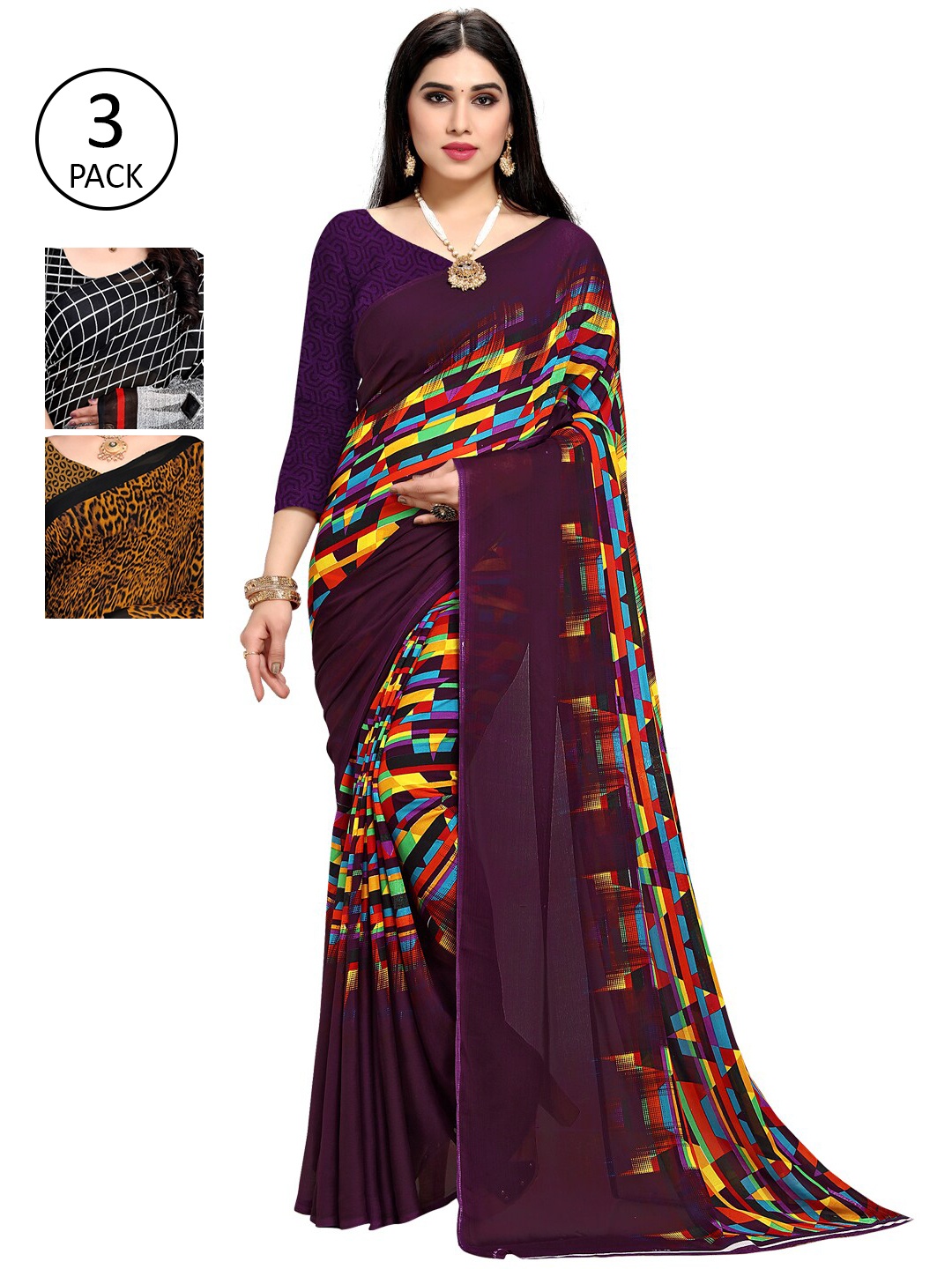 

KALINI Women Pack Of 3 Printed Saree, Purple
