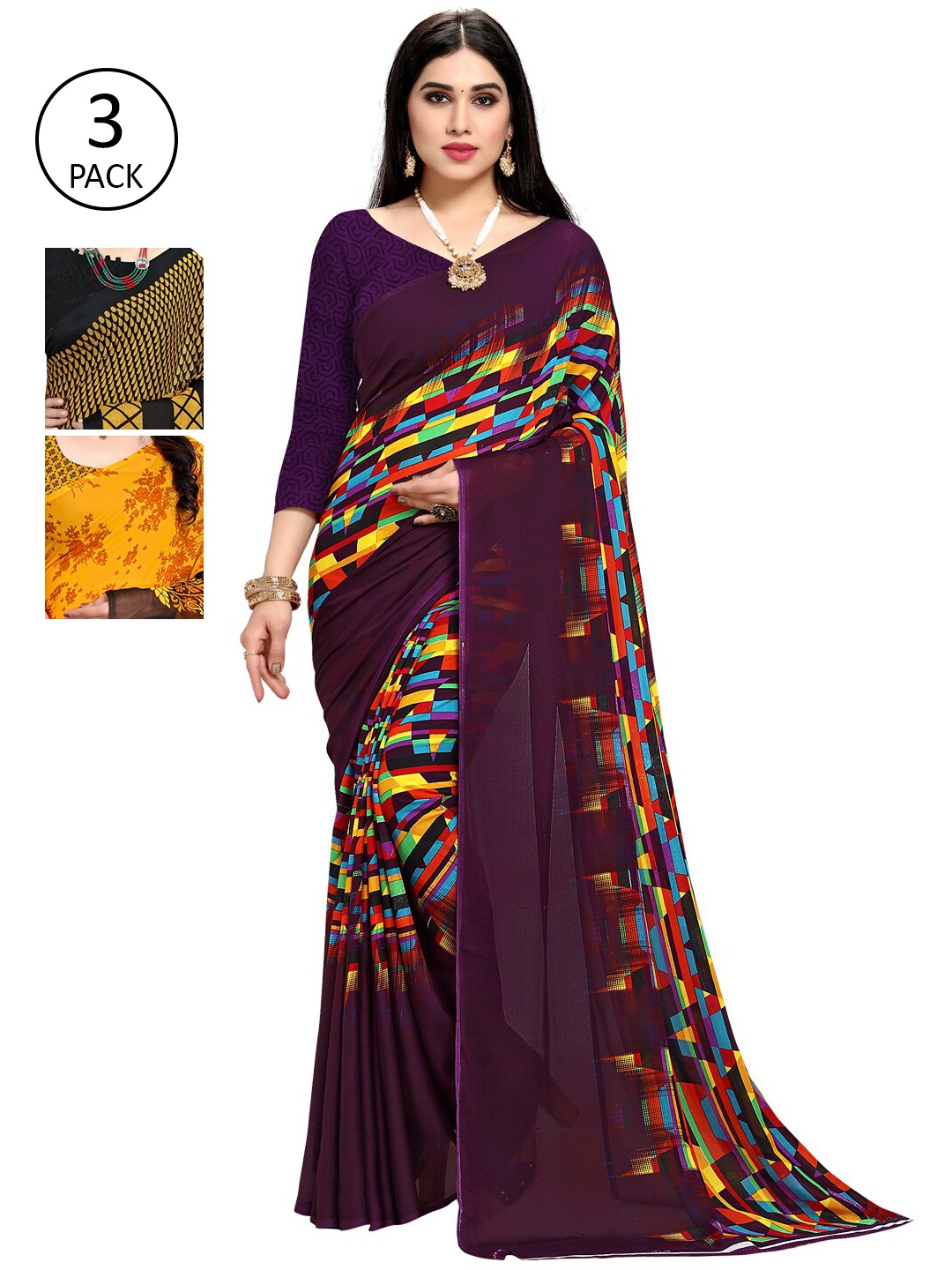 

KALINI Pack Of 3 Printed Saree, Purple