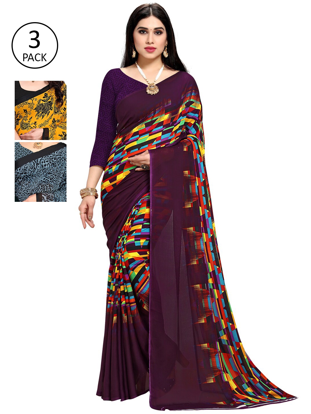 

KALINI Pack Of 3 Multicoloured Printed Sarees, Multi