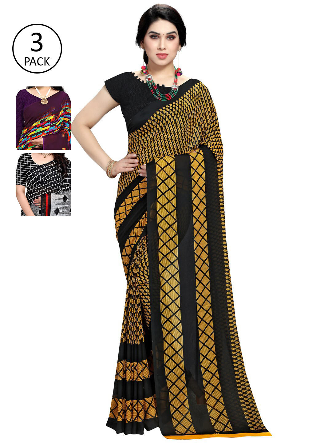 

KALINI Women Pack Of 3 Printed Saree, Black