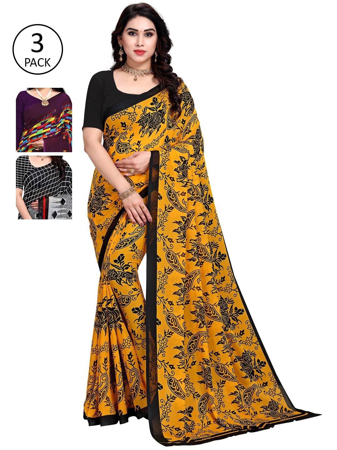 

KALINI Pack of 3 Printed Sarees, Purple