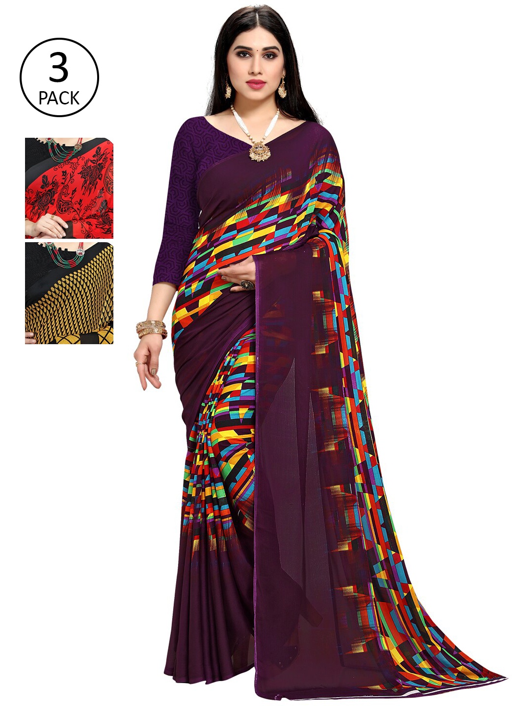 

KALINI Pack Of 3 Multicoloured Printed Sarees, Red