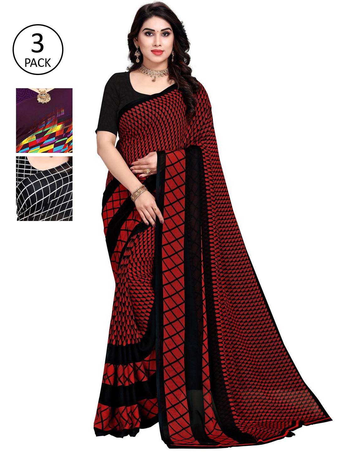 

KALINI Pack Of 3 Printed Sarees, Red
