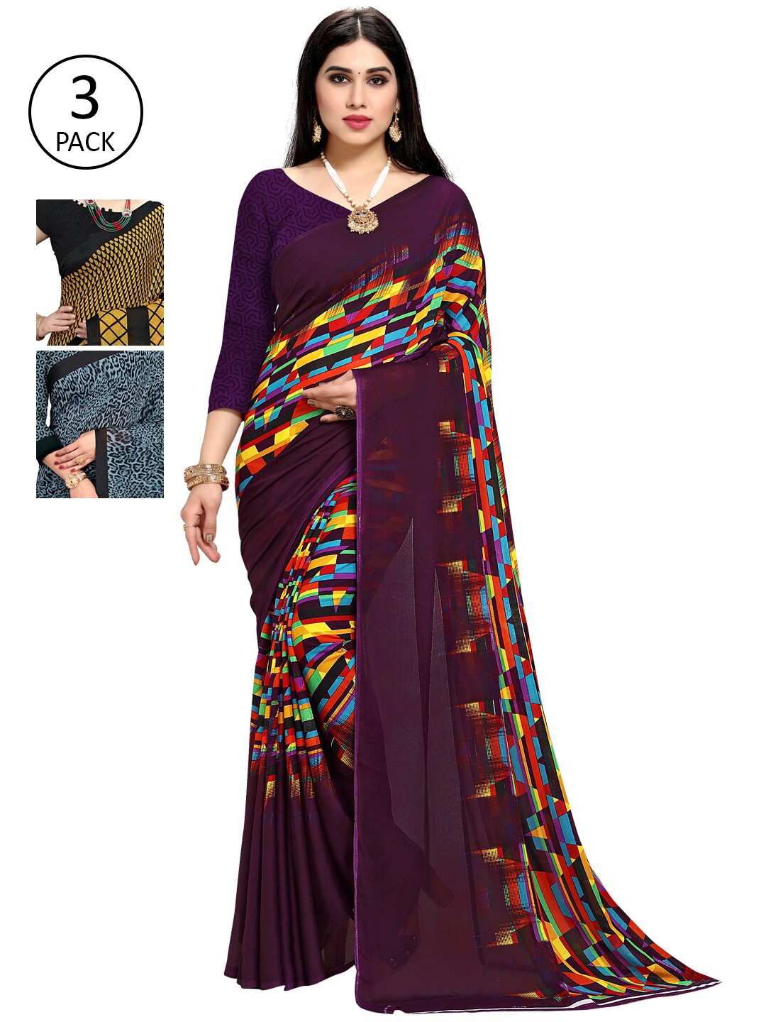 

KALINI Pack Of 3 Printed Sarees, Black