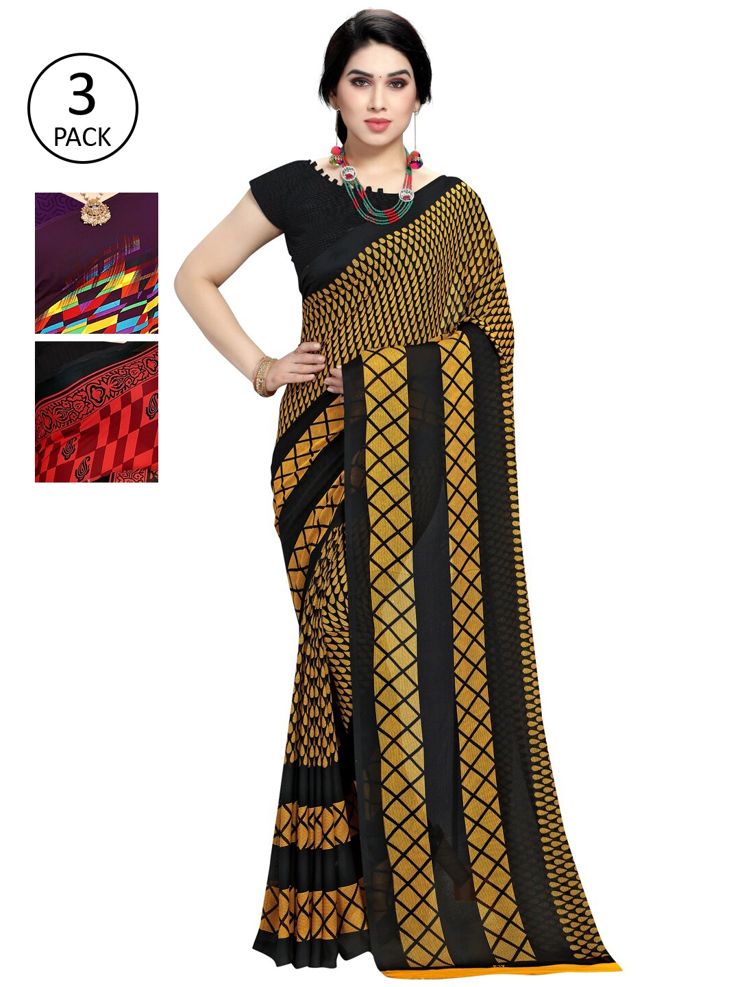 

KALINI Pack of 3 Printed Sarees, Yellow